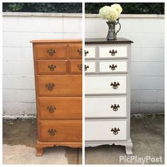 two different pictures of an old dresser with flowers on top