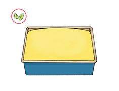 a blue and yellow container with a green leaf on it's lid next to a red circle