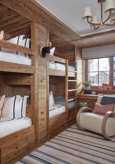 a room with bunk beds and chairs in it