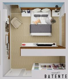 an overhead view of a bedroom and living room in a small apartment, with the bed on the far side