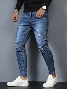 Medium Wash  Collar  Denim Plain Skinny Embellished Slight Stretch  Men Clothing Ripped Men, Streetwear For Men, Blue Bodycon Dress, Chic Coat, Streetwear Men, Printed Jeans, Tapered Jeans, Washed Jeans, Mens Streetwear