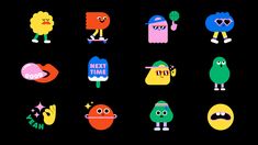 an assortment of cartoon character stickers on a black background with text that says next time