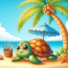 a cartoon turtle on the beach under a palm tree