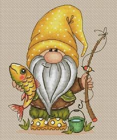 a gnome with a fish and a fishing rod in his hand is shown on the cross stitch