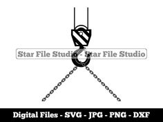 a black and white drawing of a crane with chains on it's legs, in front of the words star file studio