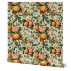 an orange and white flowered wallpaper with peaches on it's sides