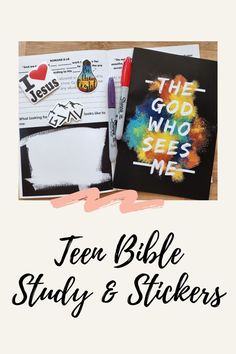 the bible study and stickers are open on top of a table with markers, pens and paper