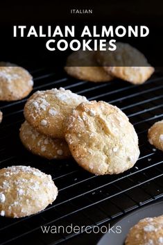 italian almond cookies cooling on the grill with powdered sugar over them and text overlay that reads, italian almond cookies