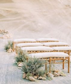 a row of wooden benches sitting on top of a sandy beach next to rocks and plants