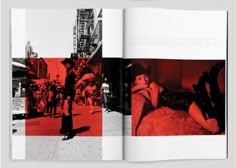 an open book with black and red images on it's pages, showing people walking down the street