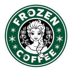 the frozen coffee logo is drawn in green and white with snowflakes around it