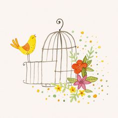 a drawing of a bird in a cage with flowers and leaves on it's side