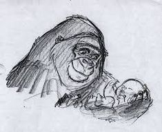 a drawing of a gorilla holding a baby in his arms and looking at the viewer