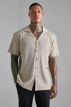 Short Sleeve Revere Cable Knit Shirt | boohooMAN USA Manly Outfits, Bald Style, Dance Fits, Fits Ideas, Shirt Outfit Men, Herren Style, Cocktail Casual, Boys Outfits, Classy Outfits Men