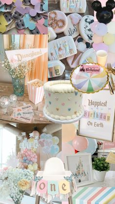 a collage of birthday items and decorations