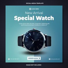 an advertisement for a watch with a blue background and black dials on the face