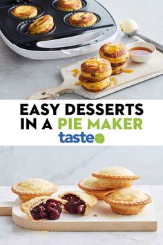 mini desserts in a pie maker on a cutting board with text overlay that reads easy desserts in a pie maker taste