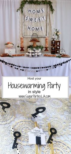 a white table topped with cake and desserts next to a sign that says housewarming party