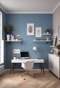 a home office with blue walls and white furniture