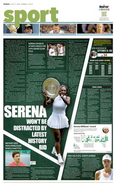 the front page of sports magazine with an image of serenana holding a tennis racket