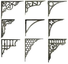 six different styles of metal brackets and brackets on a white background, each with an ornate design