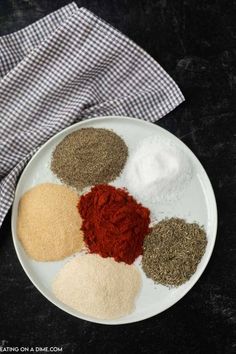 spices on a plate next to a napkin