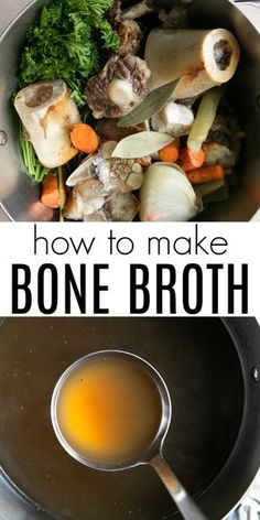 how to make bone broth in a skillet with text overlay that reads, how to make bone broth