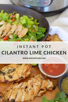 instant pot cilantro lime chicken recipe on a cutting board next to an instant pot