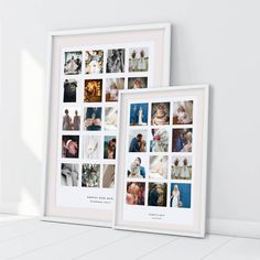 two white frames displaying wedding photos on the wall