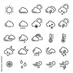 the weather icon set is shown in black and white, it includes clouds, sun, rain