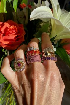 A cigar-style ring made from 14K gold vermeil delicate cubic zirconia. Colorful Rings Aesthetic, Maximalist Jewelry Aesthetic, Stacked Rings Aesthetic, Rings Styling, Powerful Aesthetic, Gold Stackable Rings, Braided Ring Band, Charm Bracelet Watch, Colorful Rings