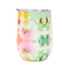 a multicolored vase is shown on a white background and has flowers painted on it