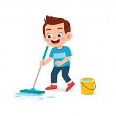 a boy cleaning the floor with a mop