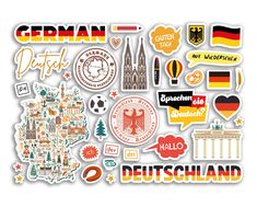 the germany sticker sheet is shown in various colors and shapes, including buildings, flags,