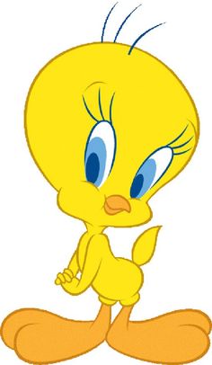 a cartoon yellow bird with blue eyes sitting down and looking at the viewer's left side