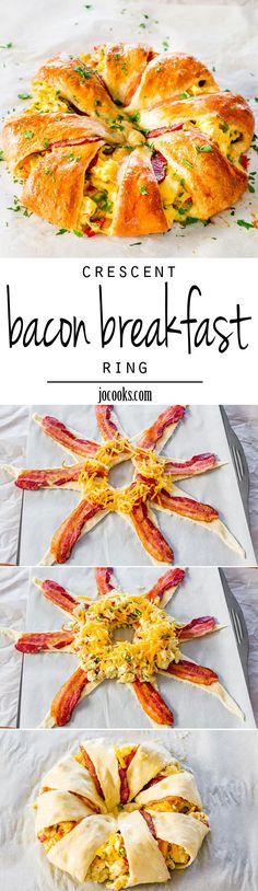 bacon breakfast pizza is shown on a white tablecloth with the words cheesy bacon breakfast