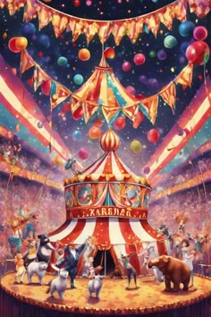 a painting of an amusement park with clowns and circus animals