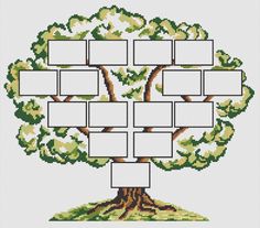 a cross stitch family tree is shown with four frames on the top and bottom half