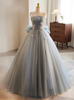 Prom Ball Gown With Spaghetti Straps And Fitted Bodice, Prom Ball Gown With Fitted Bodice And Spaghetti Straps, Tulle Ball Gown With Corset Back For Banquet, Spaghetti Strap Ball Gown With Fitted Bodice For Prom, Prom Gown With Lace-up Back And Floor Length, Floor-length Prom Gown With Lace-up Back, Floor-length Gown With Lace-up Back For Prom, Prom Gown With Lace-up Back For Prom Season, Spring Prom Ball Gown