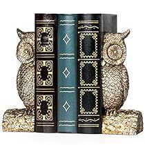 an owl bookend with two books on it's sides, sitting next to each other