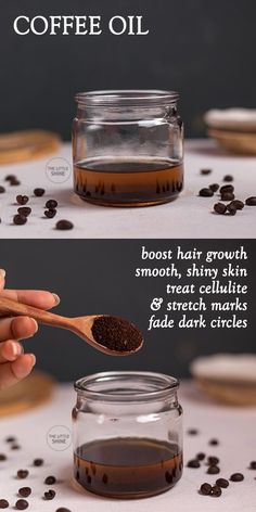 Diy Coffee Skincare, Diy Overnight Hair Oil, Coffee Grounds Skin Care, Coffee Skin Care Diy Beauty, Diy Vitamin E Oil, Coffee Grounds For Skin, Coffee Hair Scrub Diy, Coffee Benefits For Hair, Coffee Oil Diy