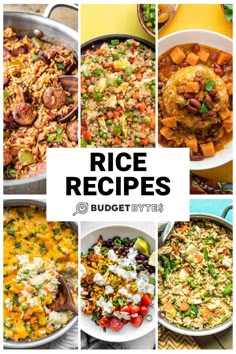 different pictures of rice and vegetables with the words rice recipes above them in black letters