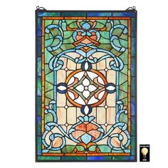 a stained glass window with an ornate design on the front and side panels, in various colors