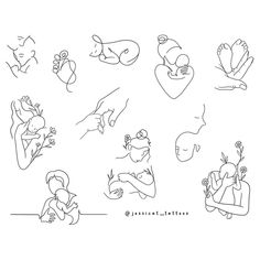 an outline drawing of people and animals in different poses, with one holding a baby