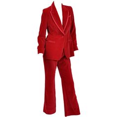 Tom Ford for Gucci Iconic Red Velvet Tuxedo Suit | From a collection of rare vintage suits, outfits and ensembles at https://www.1stdibs.com/fashion/clothing/suits-outfits-ensembles/ Black Silk Jumpsuit, Tom Ford For Gucci, Fashion 1990s, Tom Ford Gucci, Gucci Suit, Silk Chiffon Blouse, Tom Ford Suit