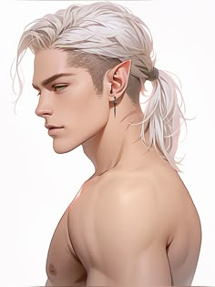 a drawing of a man with white hair and piercings on his ears, looking to the side