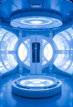 the interior of a futuristic space station with lights on and round windows that are lit up