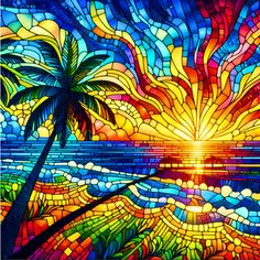 a stained glass window with palm trees on the beach