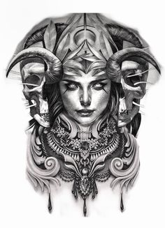 a drawing of a woman with horns and skulls on her head, in black and white