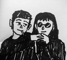 a black and white drawing of two people with their faces covered by raindrops